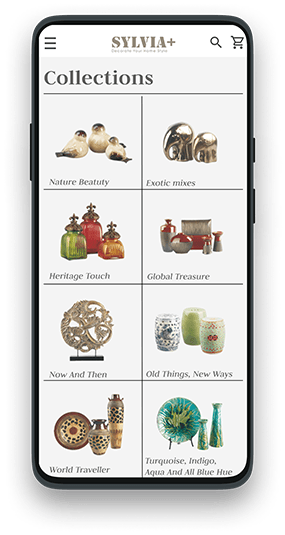 a phone showing the mainpage of the sylvia+ collections